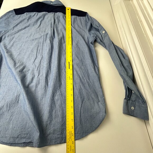 Faconnable Shirt Mens L Chambray Contempory Blue Corduroy Yoke‎ Roll Tab Sleeve - Picture 11 of 16